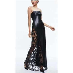 ALICE + OLIVIA Retha strapless vegan leather black sequined gown Maxi Dress Sz 0